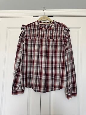 LOFT Plaid Ruffle Sleeve Blouse Top Size XXL